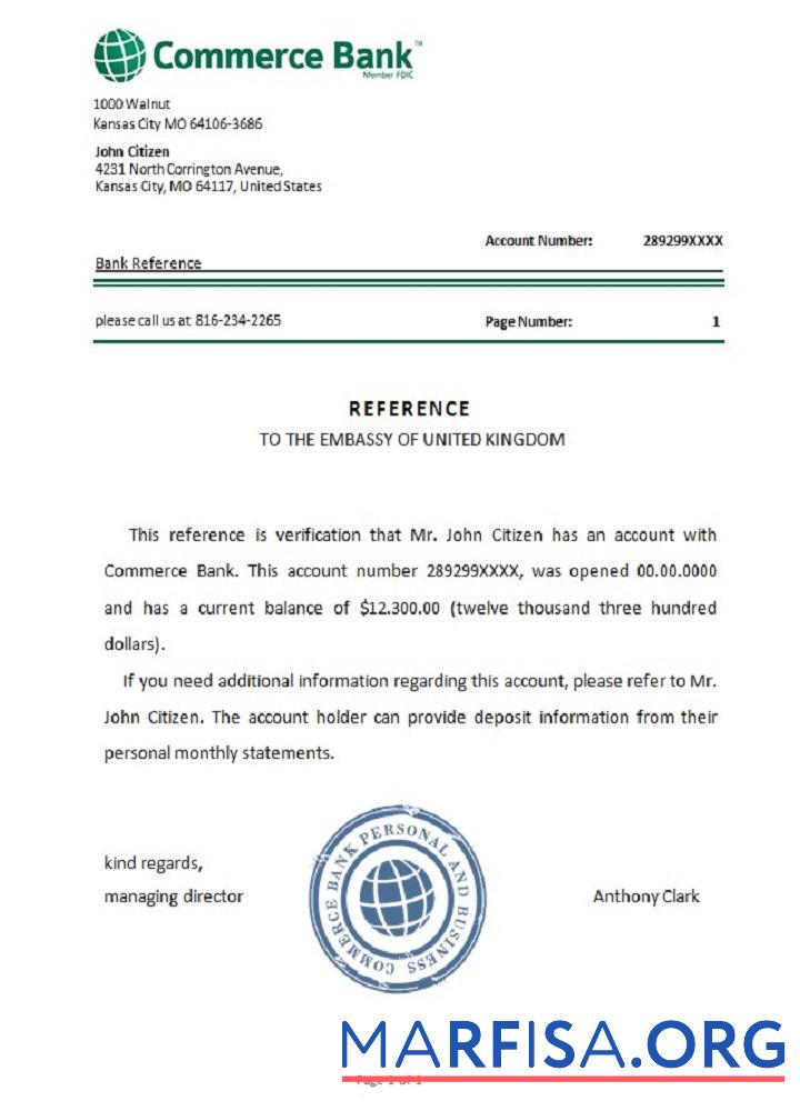 Printable USA Commerce bank reference template